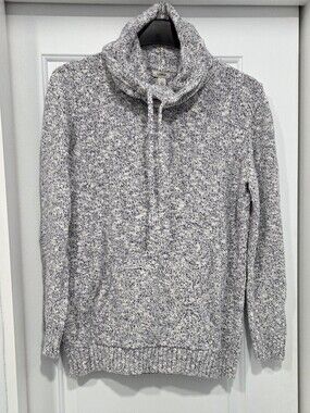 LL Bean Dark Navy & White Marled Funnel Neck Sweater With Kangaroo Pocket Size L